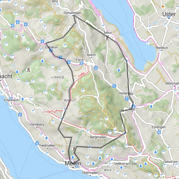 Miniatura mapy "Malownicza wycieczka do Pfannenstiel" - trasy rowerowej w Zürich, Switzerland. Wygenerowane przez planer tras rowerowych Tarmacs.app