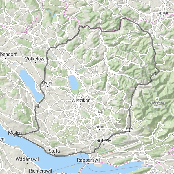 Zemljevid v pomanjšavi "Raznolika pot po pokrajini Zürich" kolesarske inspiracije v Zürich, Switzerland. Generirano z načrtovalcem kolesarskih poti Tarmacs.app