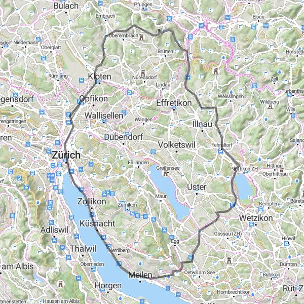 Karten-Miniaturansicht der Radinspiration "Zürich und Pfäffikersee Rundfahrt" in Zürich, Switzerland. Erstellt vom Tarmacs.app-Routenplaner für Radtouren