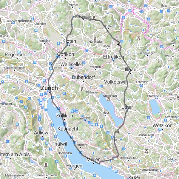 Karttaminiaatyyri "Meilen - Uster - Egg - Uetikon am See Loop" pyöräilyinspiraatiosta alueella Zürich, Switzerland. Luotu Tarmacs.app pyöräilyreittisuunnittelijalla