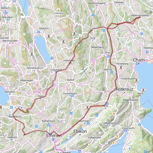 Miniatua del mapa de inspiración ciclista "Ruta de Grava a través de Hochdorf y Mühlau" en Zürich, Switzerland. Generado por Tarmacs.app planificador de rutas ciclistas