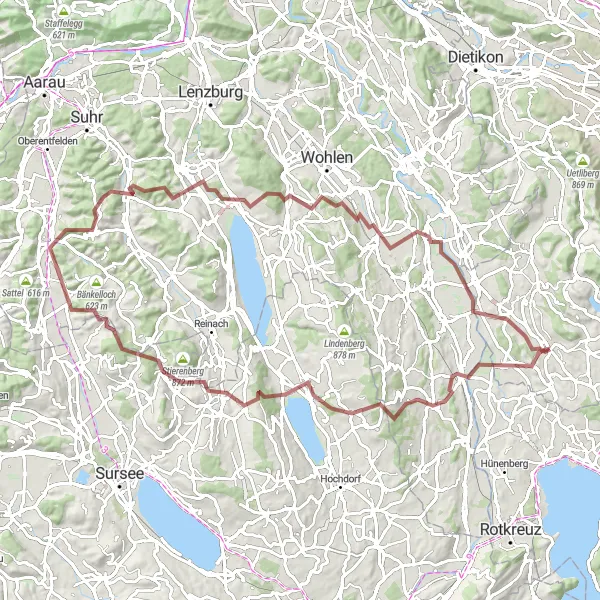Miniatura della mappa di ispirazione al ciclismo "Esplorazione gravel da Mettmenstetten a Obfelden" nella regione di Zürich, Switzerland. Generata da Tarmacs.app, pianificatore di rotte ciclistiche