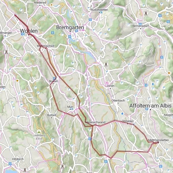 Karttaminiaatyyri "Gravel polku lähellä Mettmenstetteniä" pyöräilyinspiraatiosta alueella Zürich, Switzerland. Luotu Tarmacs.app pyöräilyreittisuunnittelijalla