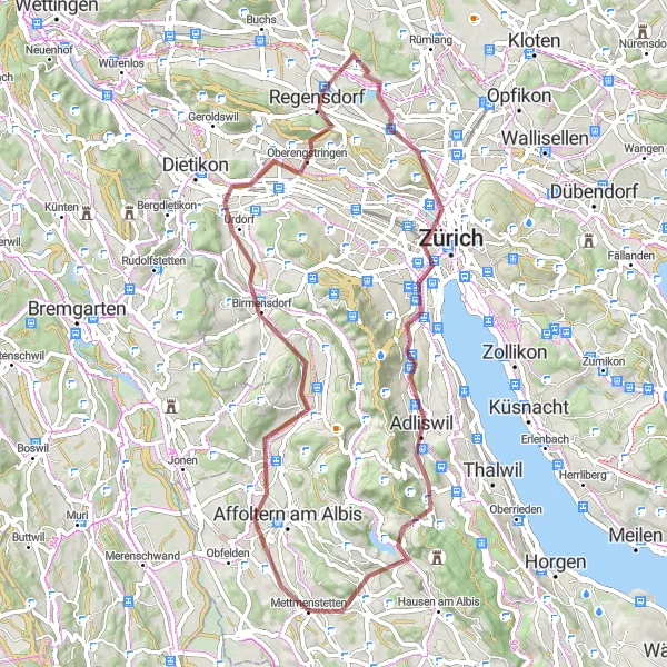 Mapa miniatúra "Gravelová cesta k Whiskypass a Affoltern" cyklistická inšpirácia v Zürich, Switzerland. Vygenerované cyklistickým plánovačom trás Tarmacs.app