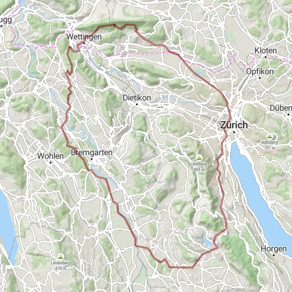 Mapa miniatúra "Gravelový okruh cez Affoltern" cyklistická inšpirácia v Zürich, Switzerland. Vygenerované cyklistickým plánovačom trás Tarmacs.app