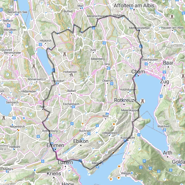 Mapa miniatúra "Okružná cyklotrasa cez Lucern a Gletschergarten-Turm" cyklistická inšpirácia v Zürich, Switzerland. Vygenerované cyklistickým plánovačom trás Tarmacs.app