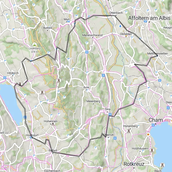 Karttaminiaatyyri "Maantiepyöräilyreitti lähellä Mettmenstetteniä" pyöräilyinspiraatiosta alueella Zürich, Switzerland. Luotu Tarmacs.app pyöräilyreittisuunnittelijalla
