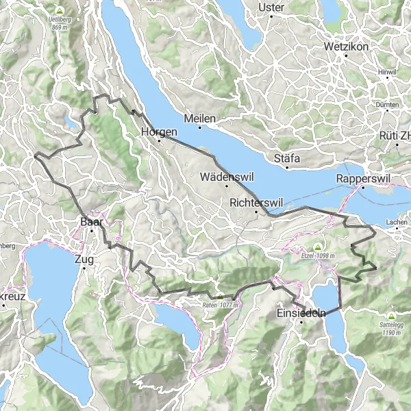 Miniatua del mapa de inspiración ciclista "Ruta de Carretera a través de Einsiedeln y Raten" en Zürich, Switzerland. Generado por Tarmacs.app planificador de rutas ciclistas