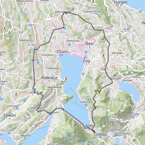 Kartminiatyr av "Vägcykling genom Baarburg och Michaelskreuz" cykelinspiration i Zürich, Switzerland. Genererad av Tarmacs.app cykelruttplanerare