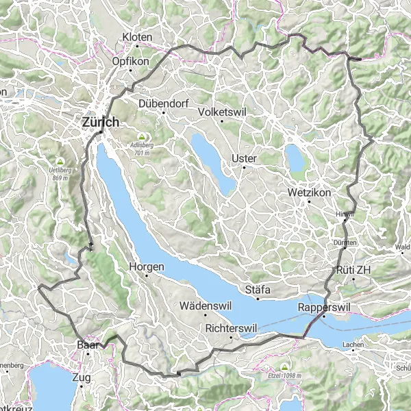 Miniaturní mapa "Profi silniční okruh skrz Švýcarské alpy" inspirace pro cyklisty v oblasti Zürich, Switzerland. Vytvořeno pomocí plánovače tras Tarmacs.app
