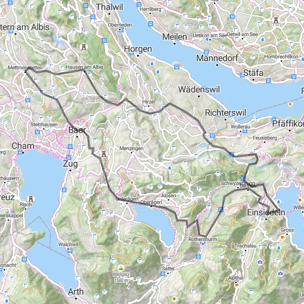 Zemljevid v pomanjšavi "Razgibana pot od Mettmenstetten" kolesarske inspiracije v Zürich, Switzerland. Generirano z načrtovalcem kolesarskih poti Tarmacs.app