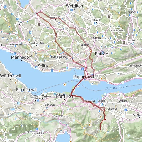 Map miniature of "The Gravel Adventure through Mönchaltorf" cycling inspiration in Zürich, Switzerland. Generated by Tarmacs.app cycling route planner