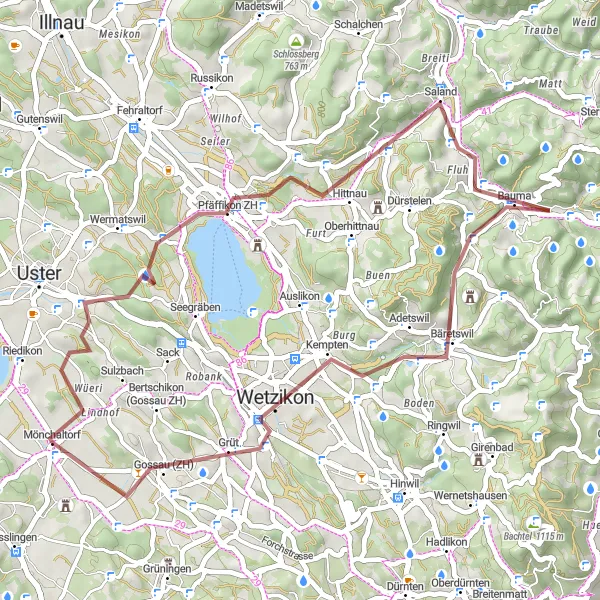 Miniatua del mapa de inspiración ciclista "Ruta alrededor de Pfäffikersee" en Zürich, Switzerland. Generado por Tarmacs.app planificador de rutas ciclistas