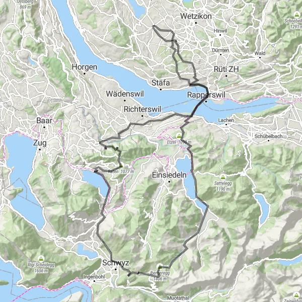 Miniature de la carte de l'inspiration cycliste "Evasion en Schwyz" dans la Zürich, Switzerland. Générée par le planificateur d'itinéraire cycliste Tarmacs.app