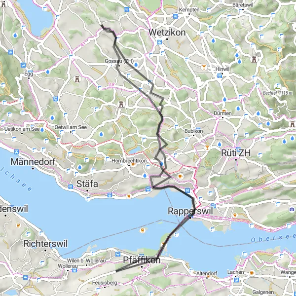 Map miniature of "The Serene Road Route around Mönchaltorf" cycling inspiration in Zürich, Switzerland. Generated by Tarmacs.app cycling route planner