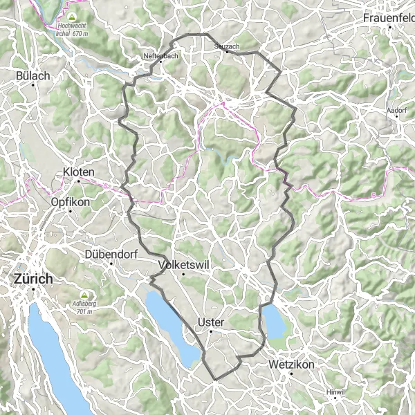 Mapa miniatúra "Cyklistická trasa cez Pfäffikersee a Greifensee" cyklistická inšpirácia v Zürich, Switzerland. Vygenerované cyklistickým plánovačom trás Tarmacs.app