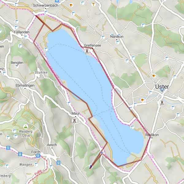Miniatura della mappa di ispirazione al ciclismo "Giro in bicicletta gravel a Greifensee, Maur e Schwerzenbach" nella regione di Zürich, Switzerland. Generata da Tarmacs.app, pianificatore di rotte ciclistiche