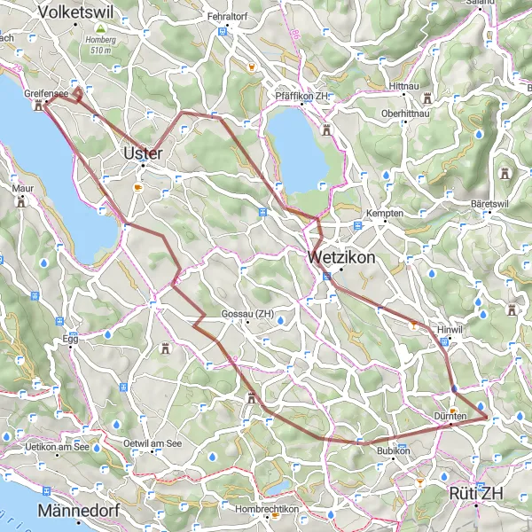 Miniature de la carte de l'inspiration cycliste "Gravel Journey to Grüningen" dans la Zürich, Switzerland. Générée par le planificateur d'itinéraire cycliste Tarmacs.app
