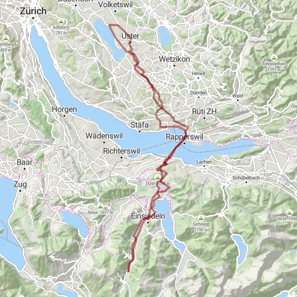 Zemljevid v pomanjšavi "Raziščite čudovito naravo in kulturno dediščino ob jezerih okoli Züricha" kolesarske inspiracije v Zürich, Switzerland. Generirano z načrtovalcem kolesarskih poti Tarmacs.app