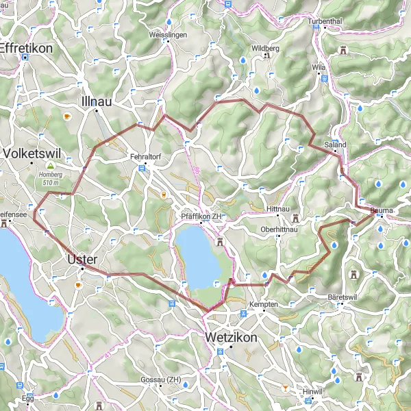 Map miniature of "Around Russikon and Bauma" cycling inspiration in Zürich, Switzerland. Generated by Tarmacs.app cycling route planner