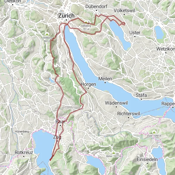 Zemljevid v pomanjšavi "Izjemna razgibana gravel pot okoli Züricha" kolesarske inspiracije v Zürich, Switzerland. Generirano z načrtovalcem kolesarskih poti Tarmacs.app