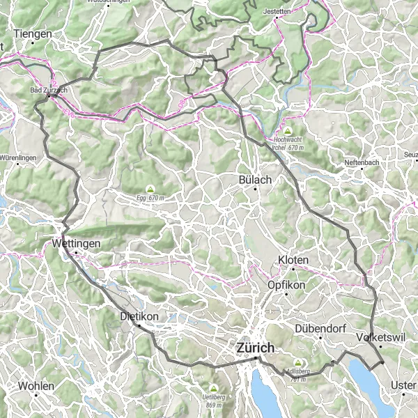 Miniatua del mapa de inspiración ciclista "Vuelta a Zürich: Greifensee a Bad Zurzach" en Zürich, Switzerland. Generado por Tarmacs.app planificador de rutas ciclistas