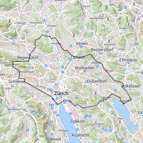 Miniatua del mapa de inspiración ciclista "Ruta de ciclismo de carretera a Zurich y Höchi" en Zürich, Switzerland. Generado por Tarmacs.app planificador de rutas ciclistas