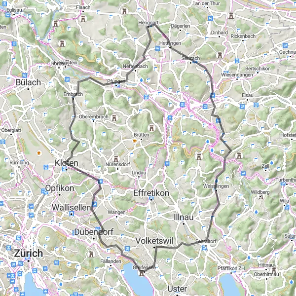 Miniatua del mapa de inspiración ciclista "Ruta de ciclismo de carretera a Dübendorf y Volketswil" en Zürich, Switzerland. Generado por Tarmacs.app planificador de rutas ciclistas