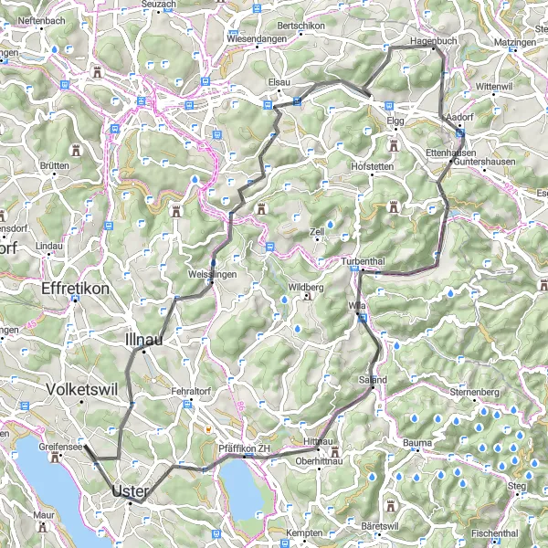 Kartminiatyr av "Zürich - Weisslingen - Hulmen - Hagenbuch - Chapf - Turbenthal - Pfäffikersee - Uster" cykelinspiration i Zürich, Switzerland. Genererad av Tarmacs.app cykelruttplanerare