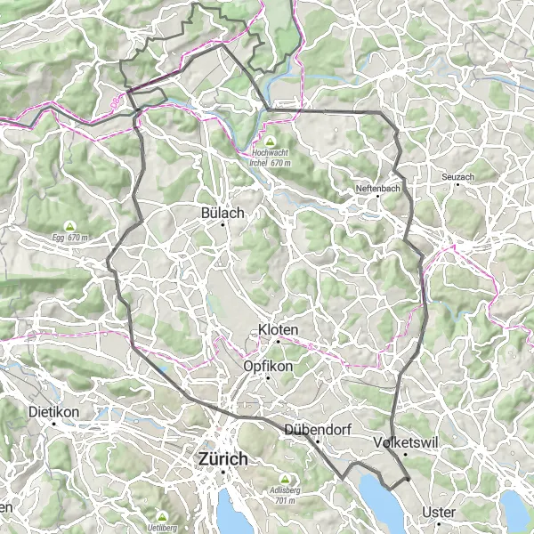 Miniatura della mappa di ispirazione al ciclismo "Giro in bicicletta strada a Greifensee, Regensdorf e Chöpfi" nella regione di Zürich, Switzerland. Generata da Tarmacs.app, pianificatore di rotte ciclistiche