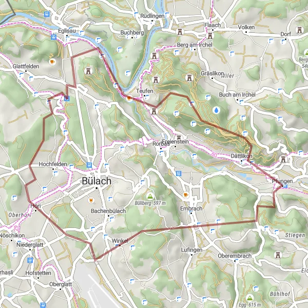 Miniatura della mappa di ispirazione al ciclismo "Giros Grazilistici Embrach" nella regione di Zürich, Switzerland. Generata da Tarmacs.app, pianificatore di rotte ciclistiche