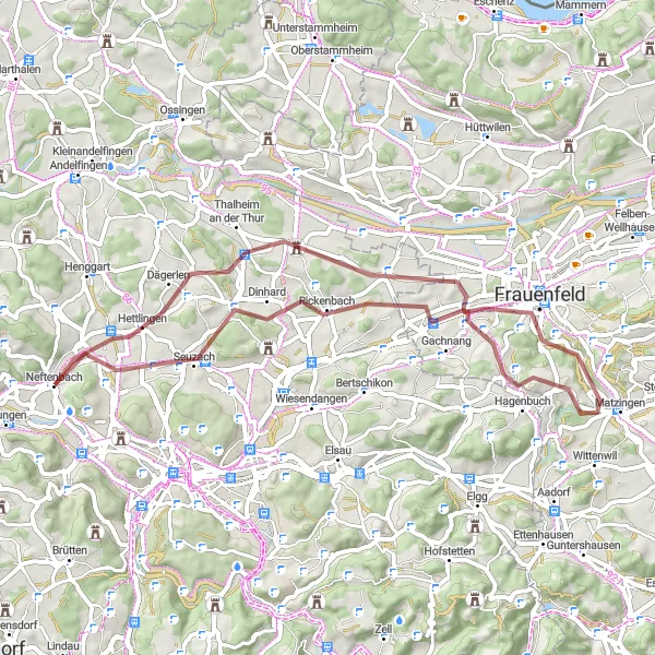 Map miniature of "Neftenbach and Surrounding Villages" cycling inspiration in Zürich, Switzerland. Generated by Tarmacs.app cycling route planner
