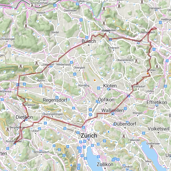 Kartminiatyr av "Grusvei Eventyr i Zürich" sykkelinspirasjon i Zürich, Switzerland. Generert av Tarmacs.app sykkelrutoplanlegger