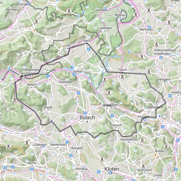 Miniatura della mappa di ispirazione al ciclismo "Percorso Panoramico Hohentengen" nella regione di Zürich, Switzerland. Generata da Tarmacs.app, pianificatore di rotte ciclistiche