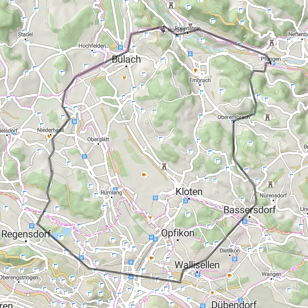 Miniatura della mappa di ispirazione al ciclismo "Giro da Egg a Dättlikon attraverso Hönggerberg e Niederhasli" nella regione di Zürich, Switzerland. Generata da Tarmacs.app, pianificatore di rotte ciclistiche