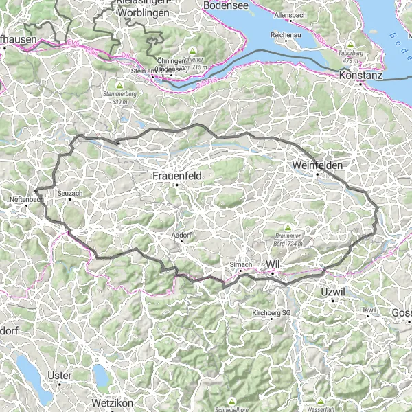 Karttaminiaatyyri "Tie Hettlingeniin ja Sirnachiin" pyöräilyinspiraatiosta alueella Zürich, Switzerland. Luotu Tarmacs.app pyöräilyreittisuunnittelijalla