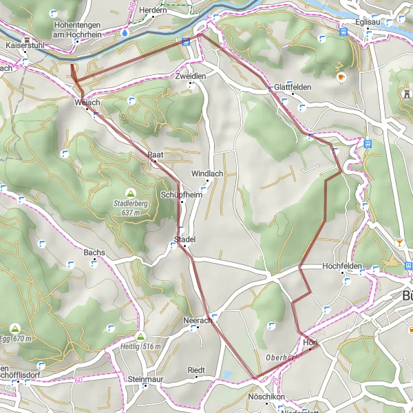 Miniaturní mapa "Jednodenní gravelová trasa Stadlerturm - Weiach - Glattfelden - Höri" inspirace pro cyklisty v oblasti Zürich, Switzerland. Vytvořeno pomocí plánovače tras Tarmacs.app