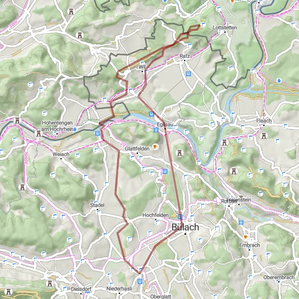 Miniatura della mappa di ispirazione al ciclismo "Percorso ciclabile in ghiaia da Niederglatt a Läubberg" nella regione di Zürich, Switzerland. Generata da Tarmacs.app, pianificatore di rotte ciclistiche