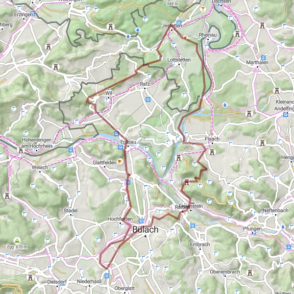 Miniatura della mappa di ispirazione al ciclismo "Giro in Gravel intorno a Niederglatt" nella regione di Zürich, Switzerland. Generata da Tarmacs.app, pianificatore di rotte ciclistiche
