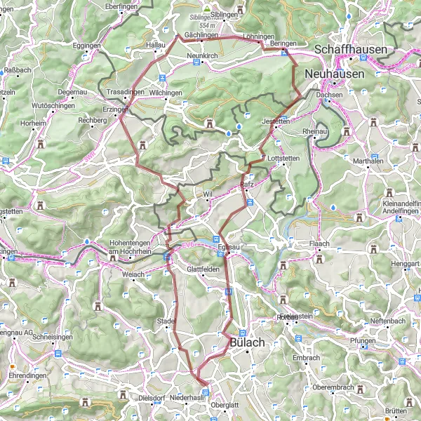 Miniaturní mapa "Gravelová cesta Wasterkingen - Hornbuck - Hochwacht Irchel - Dättenberg - Bülach" inspirace pro cyklisty v oblasti Zürich, Switzerland. Vytvořeno pomocí plánovače tras Tarmacs.app