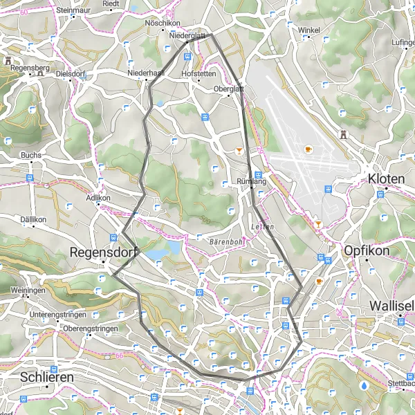 Miniaturekort af cykelinspirationen "29 km Vejcykling nær Niederglatt" i Zürich, Switzerland. Genereret af Tarmacs.app cykelruteplanlægger