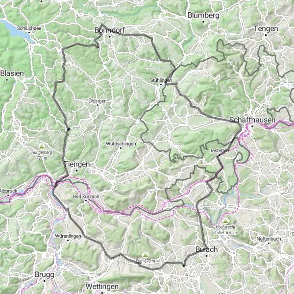 Miniatura della mappa di ispirazione al ciclismo "Avventura in bicicletta da Klingnau a Bülach" nella regione di Zürich, Switzerland. Generata da Tarmacs.app, pianificatore di rotte ciclistiche