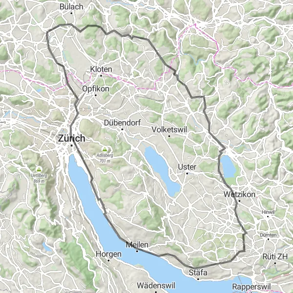 Map miniature of "A Scenic Road Cycling Adventure: Niederglatt to Rümlang" cycling inspiration in Zürich, Switzerland. Generated by Tarmacs.app cycling route planner