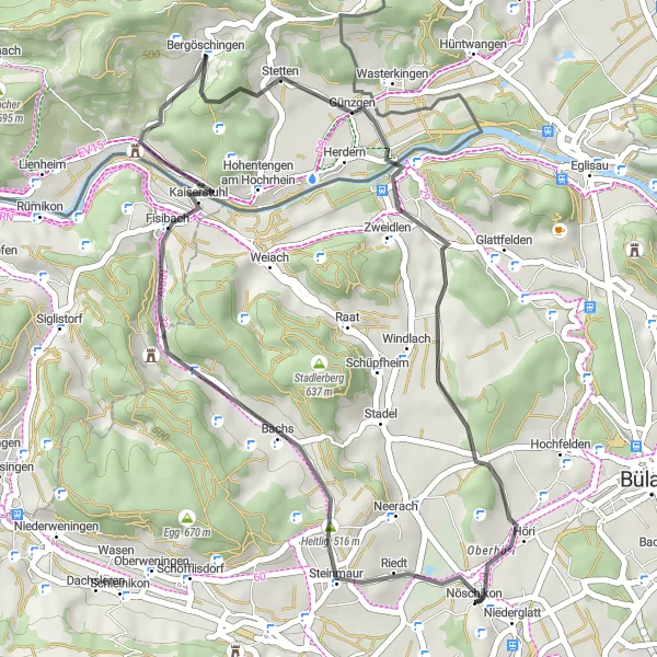 Map miniature of "The Kaiserstuhl Adventure" cycling inspiration in Zürich, Switzerland. Generated by Tarmacs.app cycling route planner