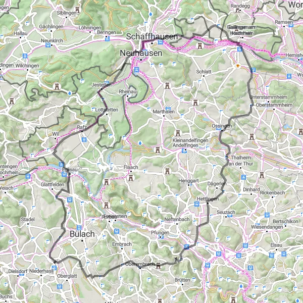 Map miniature of "Rhine Falls and Beyond" cycling inspiration in Zürich, Switzerland. Generated by Tarmacs.app cycling route planner