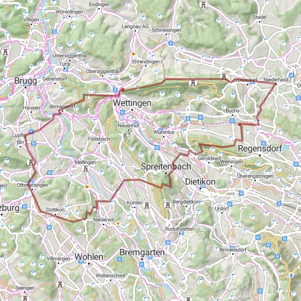 Mapa miniatúra "Náročná gravelová trasa so stúpaniami cez Buchs, Altberg a Spreitenbach" cyklistická inšpirácia v Zürich, Switzerland. Vygenerované cyklistickým plánovačom trás Tarmacs.app