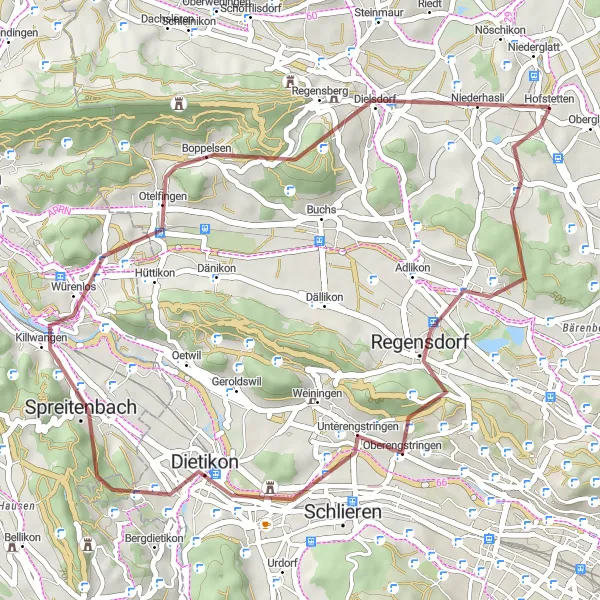 Miniatura della mappa di ispirazione al ciclismo "Esplorazione Gravel da Regensdorf a Niederhasli" nella regione di Zürich, Switzerland. Generata da Tarmacs.app, pianificatore di rotte ciclistiche