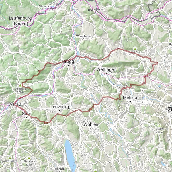 Miniatura della mappa di ispirazione al ciclismo "Esplorazione gravel da Niederhasli a Dielsdorf" nella regione di Zürich, Switzerland. Generata da Tarmacs.app, pianificatore di rotte ciclistiche