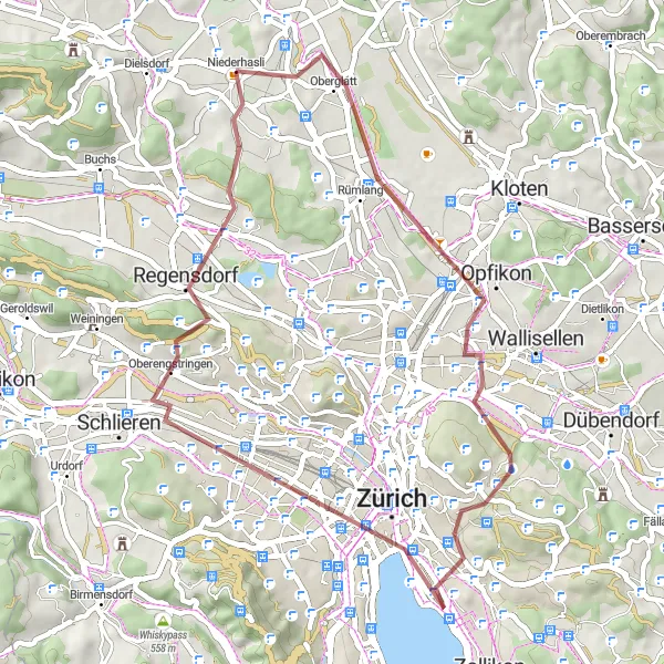 Miniatuurkaart van de fietsinspiratie "Gravelavontuur rond Zürich" in Zürich, Switzerland. Gemaakt door de Tarmacs.app fietsrouteplanner