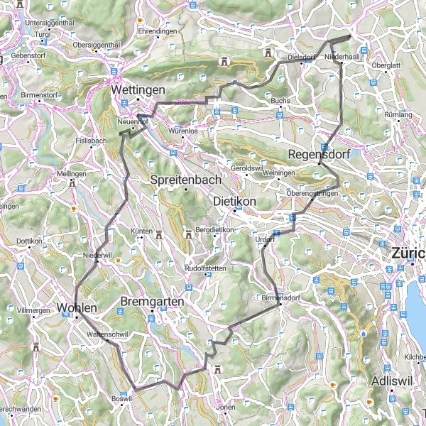 Miniature de la carte de l'inspiration cycliste "Hönggerberg - Dielsdorf Road Route" dans la Zürich, Switzerland. Générée par le planificateur d'itinéraire cycliste Tarmacs.app